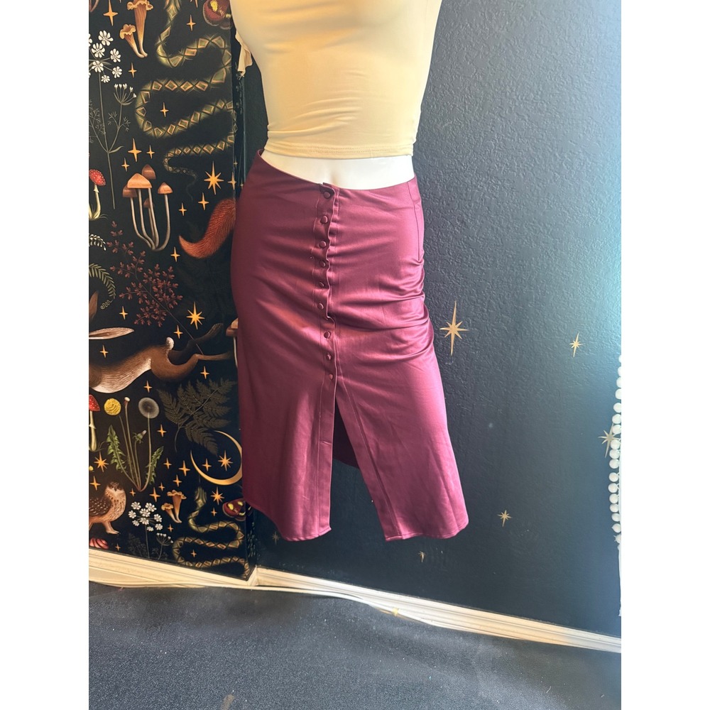 Forever 21 Burgundy Satin Button Front Midi Skirt Small High Waist Slit Plum